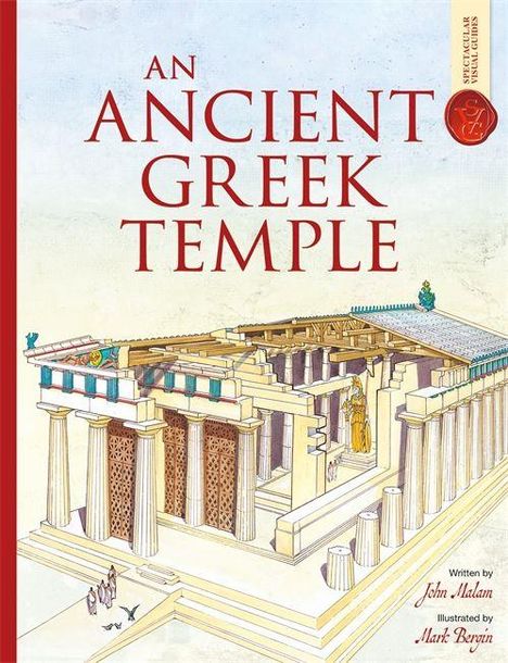 Text: "AN ANCIENT GREEK TEMPLE". Zeichnung eines antiken griechischen Tempels, farbenfroh und detailliert.