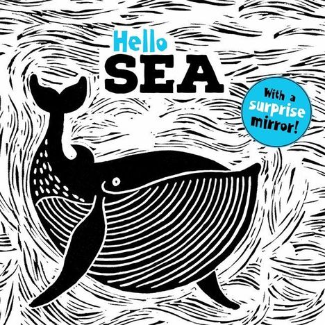 "Hello SEA" in großen Buchstaben. "With a surprise mirror!" in einem blauen Kreis. Eine grafische Darstellung eines Wals.