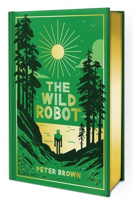 Text: "The Wild Robot, Peter Brown". Illustration: Ein grünes Cover mit Bäumen, Sonne und einem Roboter am Wasser.
