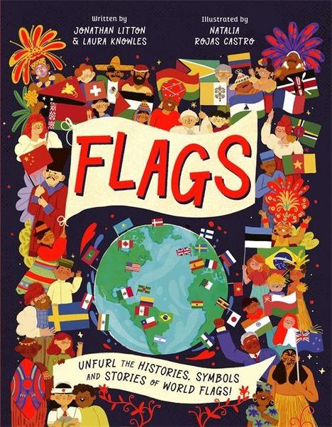 "FLAGS" steht in der Mitte, umgeben von Menschen in traditioneller Kleidung mit Flaggen und einem Globus.