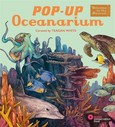 Text: "POP-UP Oceanarium", "Curated by TEAGAN WHITE". Illustration von Meeresleben mit Oktopus, Schildkröte und Fischen.