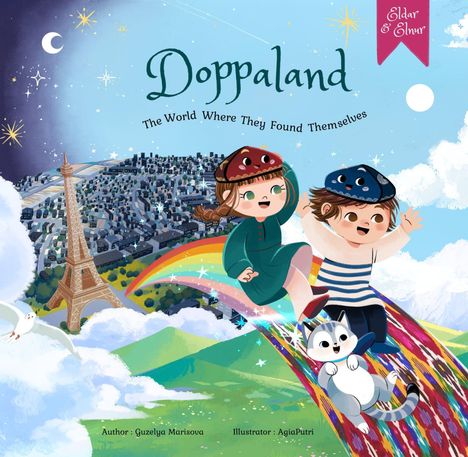 Titel: "Doppaland - The World Where They Found Themselves". Zwei Kinder rutschen auf einem Regenbogen vor dem Eiffelturm.