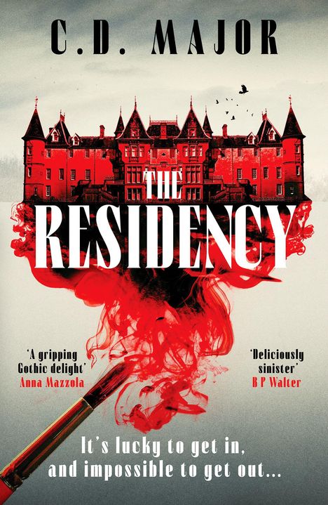 „C.D. Major - The Residency.“ Ein rotes Schloss über einem Pinsel mit roter Farbe. Zitat: „It’s lucky to get in...“