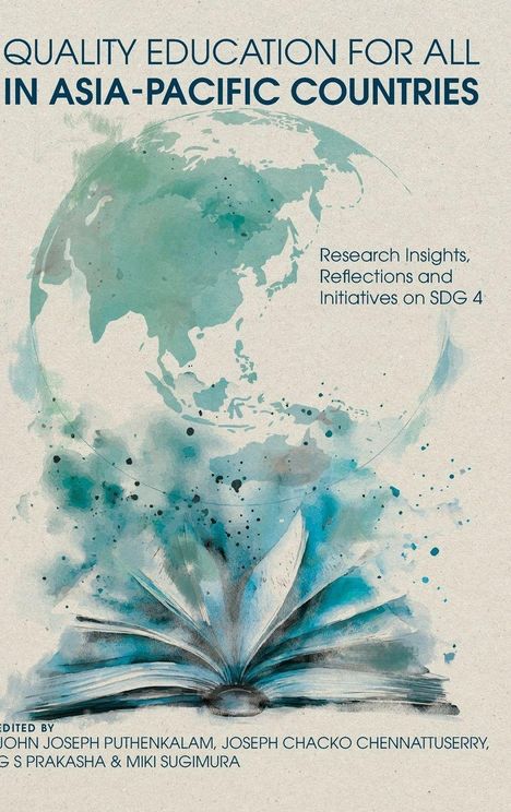 Text: "Quality Education for All in Asia-Pacific Countries", "Research Insights, Reflections and Initiatives on SDG 4". Aquarell-Erde, offenes Buch.