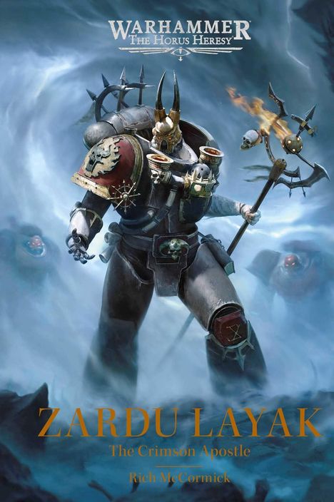 "ZARDU LAYAK, The Crimson Apostle, Rich McCormick." Ein Krieger in Rüstung mit Helm und Stab, umgeben von Nebel.