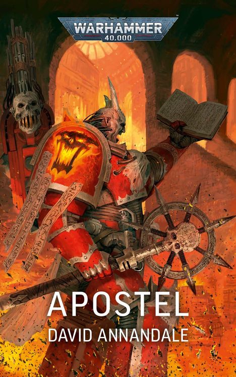 Logo: "WARHAMMER 40,000". Text: "APOSTEL DAVID ANNANDALE". Illustration: Krieger in Rüstung mit Buch und Schädelstab.