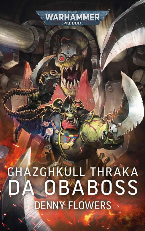 „Warhammer 40,000“, „Ghazghkull Thraka: Da Obaboss“, Denny Flowers. Illustration eines grünen Orks in Rüstung mit Waffen.
