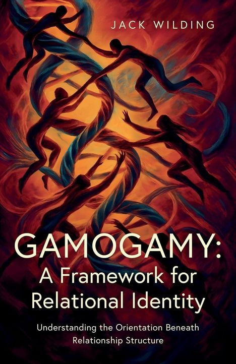 "GAMOGAMY: A Framework for Relational Identity" von Jack Wilding. Illustration zeigt Menschen in blauen und roten Wirbeln.