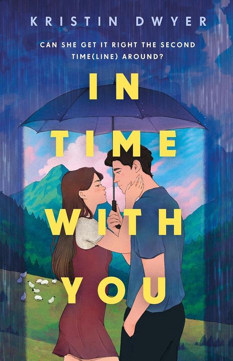 "IN TIME WITH YOU" steht in großen gelben Buchstaben. Eine Illustration zeigt ein Paar unter einem Regenschirm in einer Naturkulisse.