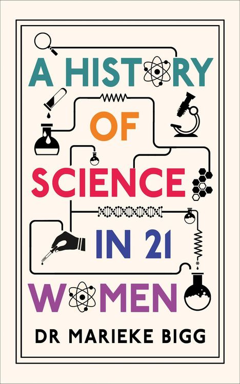 Text: "A History of Science in 21 Women" von Dr. Marieke Bigg. Illustration mit wissenschaftlichen Symbolen: Mikroskop, Atom.
