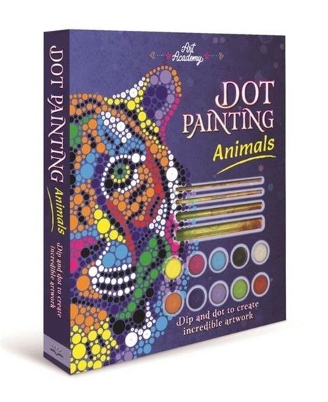 „DOT PAINTING Animals“ steht in großen Buchstaben auf einer farbenfrohen Verpackung mit Tiermotiv.