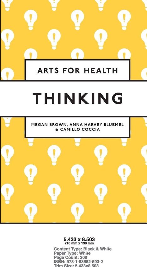 "ARTS FOR HEALTH. THINKING. Megan Brown, Anna Harvey Bluemel & Camillo Coccia." Gelber Hintergrund mit Glühbirnenmuster.