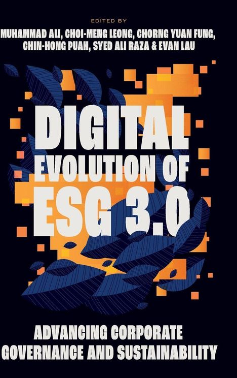 "Digital Evolution of ESG 3.0" steht in großen Buchstaben, umgeben von blauen Blättern und orangefarbenen Quadraten.