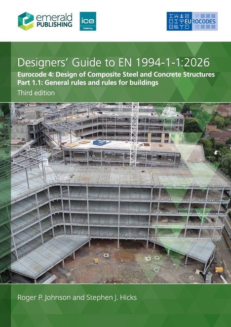 "Designers’ Guide to EN 1994-1-1:2026" steht über einem Foto eines Gebäudebaus, Logos und grüne geometrische Muster.