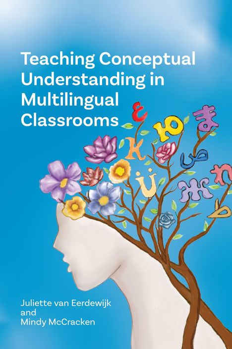 "Teaching Conceptual Understanding in Multilingual Classrooms" steht auf blauem Hintergrund. Eine Illustration zeigt einen Kopf, aus dem Blumen und Buchstaben wachsen.