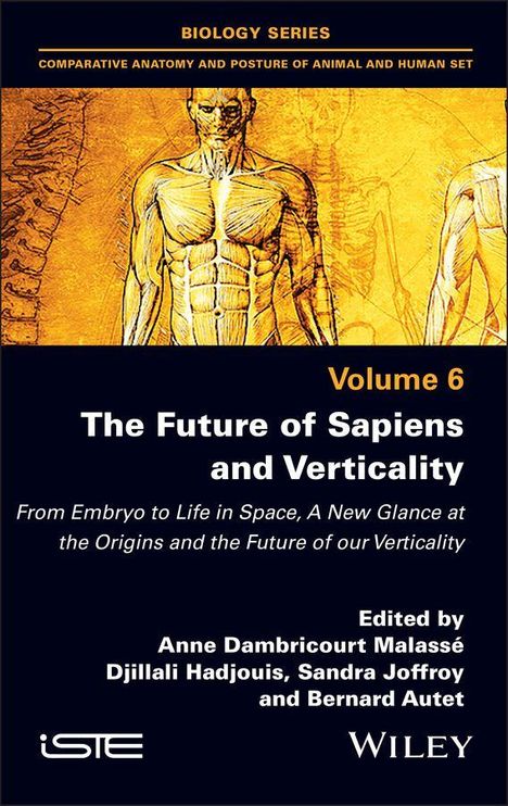 "Volume 6: The Future of Sapiens and Verticality. Titelgrafik zeigt menschliche Muskelanatomie auf gelbem Hintergrund."