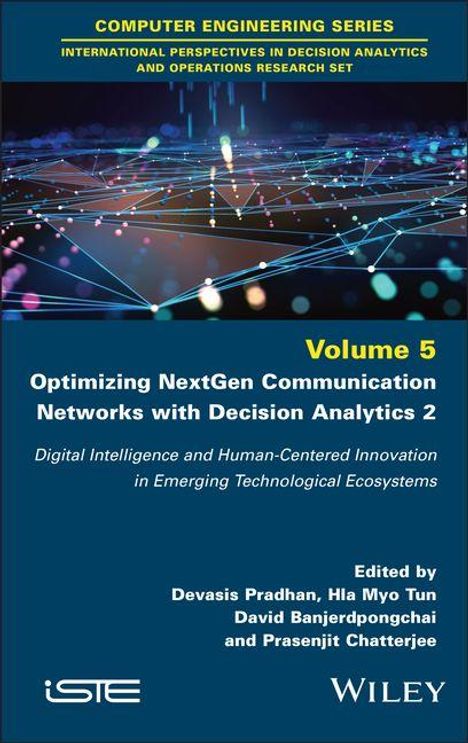 Buchcover mit blauem Hintergrund, bunten Netzlinien und Titel: "Volume 5 Optimizing NextGen Communication Networks with Decision Analytics 2".