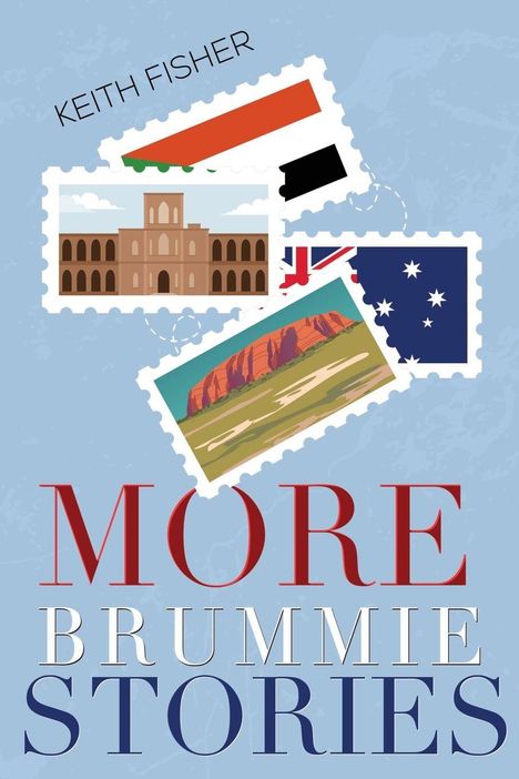 „More Brummie Stories“ und „Keith Fisher“. Drei Briefmarken mit Flaggen und Landschaften auf blauem Hintergrund.