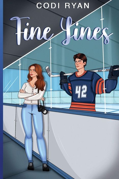 "Fine Lines"; "42" auf dem Trikot; Illustration eines Eishockeyspielers und einer Frau mit Kamera.