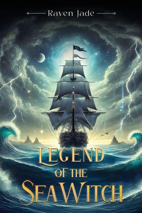 "Legend of the Sea Witch" oben "Raven Jade". Segelschiff auf stürmischer See, Blitz und Mond im Hintergrund.