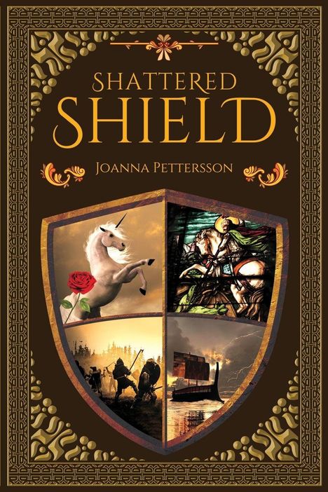 Text: "Shattered Shield, Joanna Pettersson." Eine Wappengrafik mit Einhorn, Ritter, Kämpfern und einem Wikingerboot.
