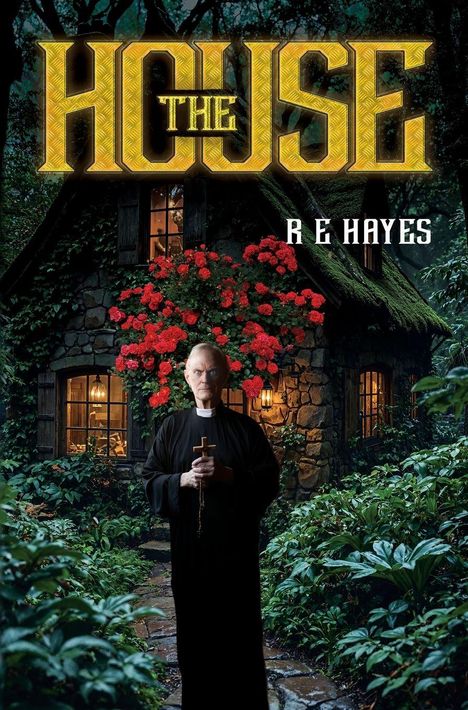 "The House", R.E. Hayes. Ein Priester mit Kreuz steht vor einem romantischen Steinhaus mit roten Rosen und leuchtenden Fenstern.