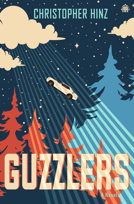 „CHRISTOPHER HINZ“, „GUZZLERS“, „A NOVEL“. Illustration: Auto fliegt durch einen abstrakten Waldhimmel.