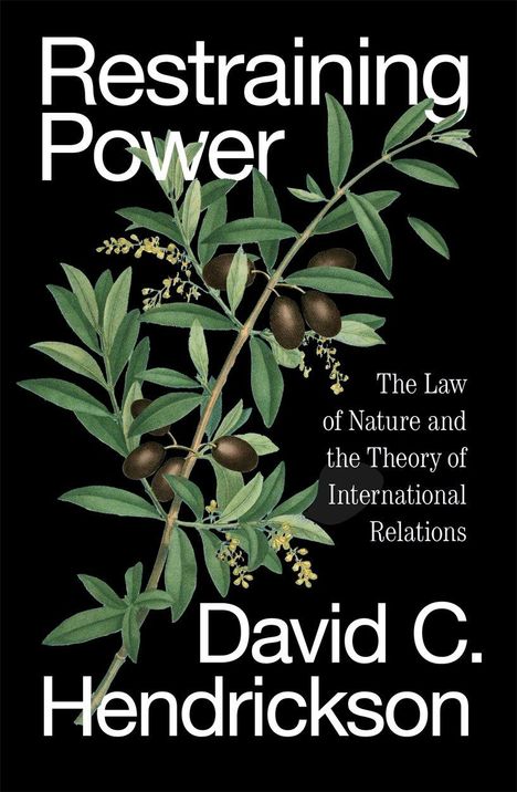 "Restraining Power" von David C. Hendrickson. Pflanzliche Illustration mit Olivenzweig auf schwarzem Hintergrund.