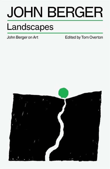 "JOHN BERGER, Landscapes, John Berger on Art, Edited by Tom Overton." Illustration: Schwarzes Plateau mit grünem Kreis oben.
