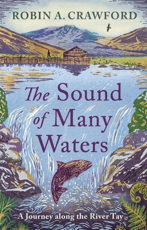 "The Sound of Many Waters" von Robin A. Crawford. Fluss-Szene mit springendem Fisch und Bergen im Hintergrund.