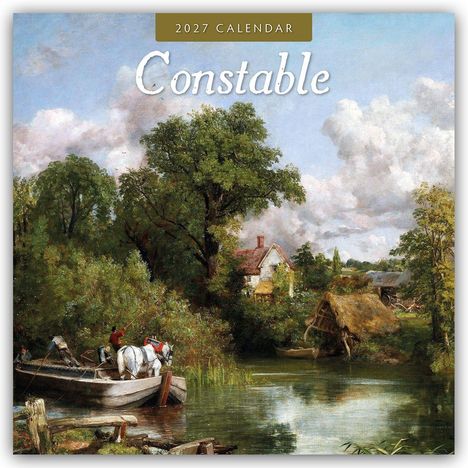 „2027 Calendar“ und „Constable“. Landschaftsgemälde mit Fluss, Boot, Pferden, Bäumen und einem Haus im Hintergrund.
