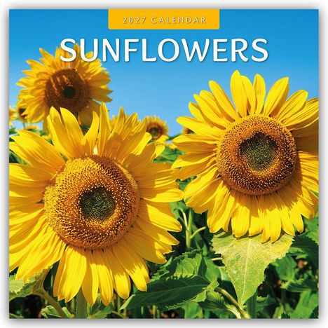 Oben steht "2027 Calendar", darunter "Sunflowers". Strahlende Sonnenblumen im Sonnenlicht vor blauem Himmel.