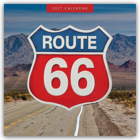"2027 Calendar", unter dem Zeichen "Route 66". Eine lange, verlassene Straße führt durch eine Wüstenlandschaft mit Bergen.
