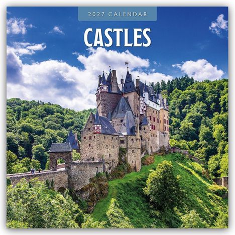 Text: "2027 CALENDAR", "CASTLES". Eine große, alte Burg auf einem grünen Hügel, umgeben von Wald und blauem Himmel.