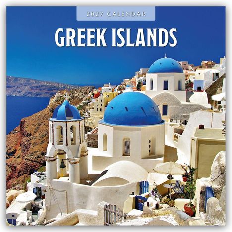 Text: "2027 Calendar", "Greek Islands". Hafenstadt mit bunten Häusern an einem Hügel, klare blaue See, Motorboot im Vordergrund.