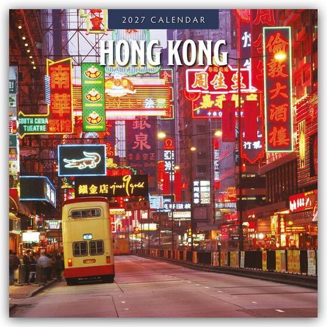 Text: "2027 Calendar", "Hong Kong". Skyline von Hongkong bei Sonnenuntergang über dem Wasser, Hochhäuser im Hintergrund.