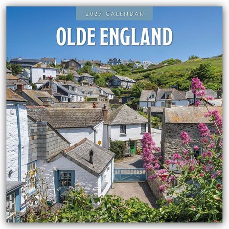 Text oben: "2027 Calendar". Haupttext: "OLDE ENGLAND". Ansicht eines malerischen Dorfes mit alten Häusern und blühenden Pflanzen.