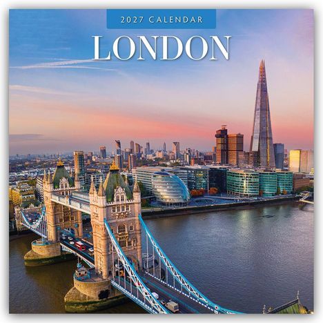 Text: "2027 Calendar London". Szene: Platz mit Brunnen und klassischen Gebäuden, Menschen im Vordergrund.