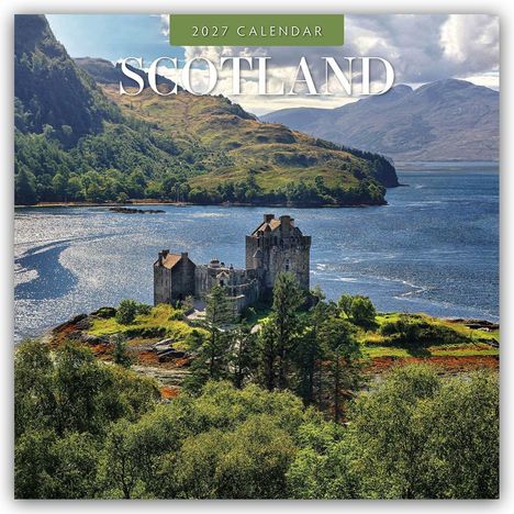 Text: "2027 Calendar", "Scotland". 
Schloss mit Türmen, grüne Wiese, Bäume, Fluss im Vordergrund.