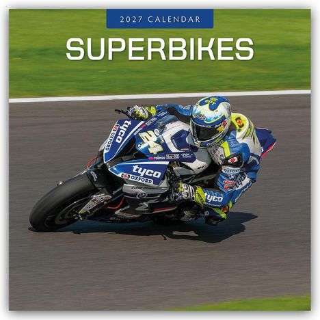 "2027 CALENDAR SUPERBIKES" oben. Ein Motorradrennfahrer neigt sich in einer Kurve auf einer Rennstrecke.
