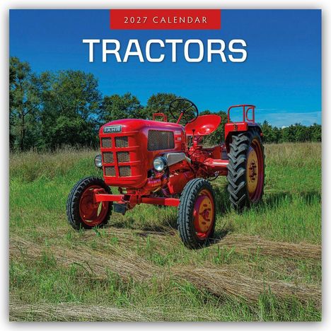 Text: "2027 Calendar, Tractors". Ein roter Traktor steht auf einem Feld, umgeben von Bäumen und blauem Himmel.