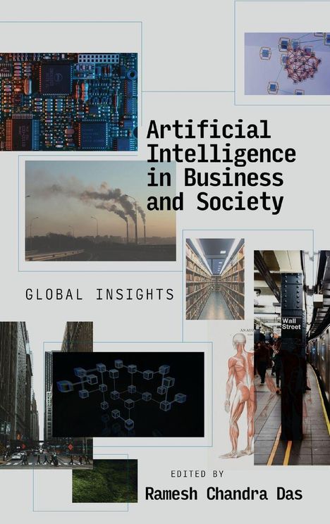 "Artificial Intelligence in Business and Society", Collage aus Tech-, Stadt-, Bibliotheks- und Mensch-Darstellungen.