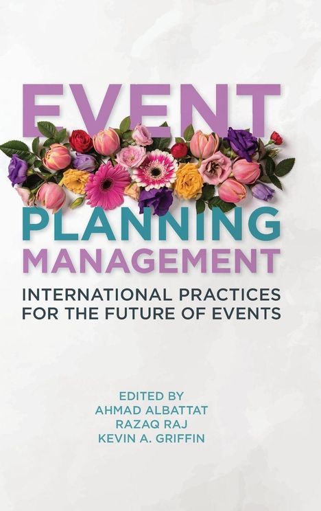"EVENT PLANNING MANAGEMENT" in großen Buchstaben, mit bunten Blumen darunter, und Namen der Herausgeber aufgeführt.