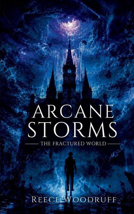 "Arcane Storms: The Fractured World" von Reece Woodruff. Silhouette vor einer düsteren, magischen Turmkulisse.