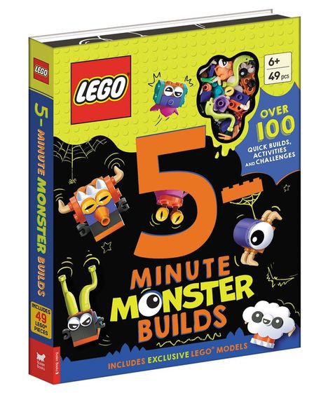 "5 Minute Monster Builds" in großen Buchstaben, LEGO-Logo oben links, Monsterillustrationen, ab 6 Jahren, 49 Teile.