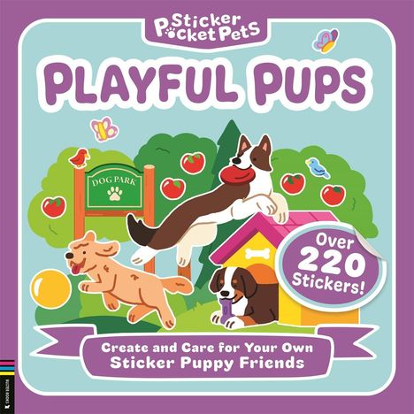 "PLAYFUL PUPS" in großer, violetter Schrift. Hunde spielen im Park, bunte Illustrationen mit Bäumen und Hundehütte.