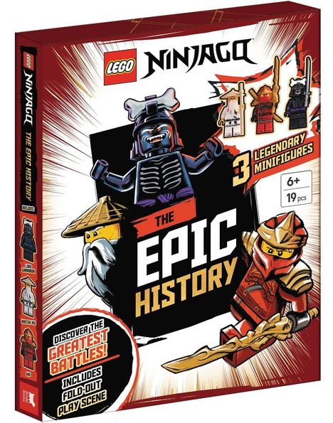 "LEGO Ninjago", "3 Legendary Minifigures", "The Epic History". Illustration von Figuren mit Waffen und Text in dynamischem Stil.