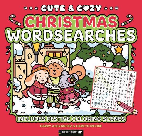 "Cute & Cozy Christmas Wordsearches" zeigt Tiere in Winterkleidung vor einem Haus. Enthält ein Wortsuchrätsel.