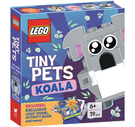 Text: "LEGO Tiny Pets Koala. Exclusive LEGO model inside. Includes: Exclusive LEGO model, activity book and more! 6+, 39 pcs." 

Verpackung mit Koala-Bauklotz.
