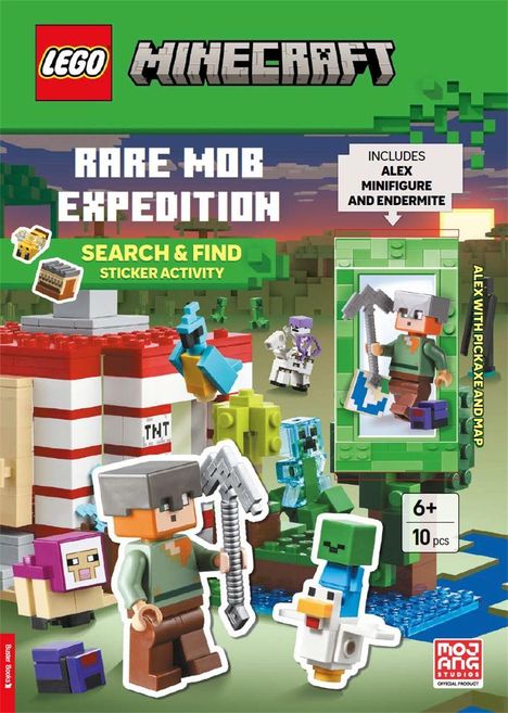 „RARE MOB EXPEDITION“ und „SEARCH & FIND STICKER ACTIVITY“. LEGO Minecraft Figuren und Gebäude, darunter Alex mit Spitzhacke.